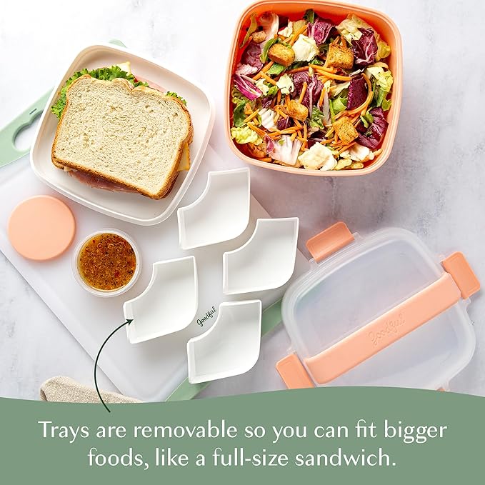 Goodful Stackable Lunch Box Container, Bento Style Food Storage with Removeable Compartments for Sandwich, Snacks, Toppings & Dressing, Leak-Proof and Made without BPA, 56-Ounce, Blush