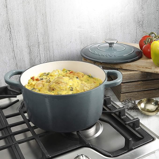 Crock-Pot Artisan 7-Quart Round Enameled Cast Iron Dutch Oven – Slate Gray, Heavy-Duty Cookware for Slow Cooking, Baking, Roasting with Lid