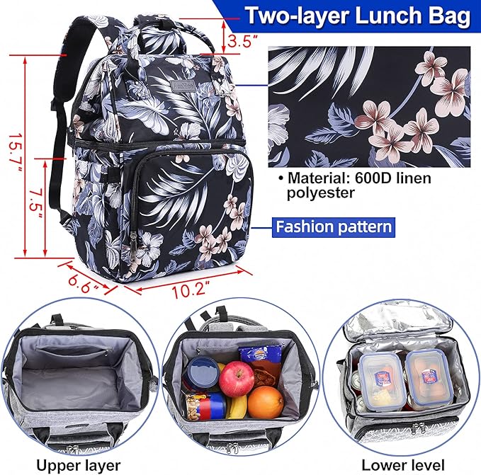 AmHoo Insulated Lunch Box Cooler Backpack Waterproof Leak-Proof Lunch Bag Tote for Men Women Hiking Beach Picnic Trip with Strongest YKK Zipper Black Flower Pattern