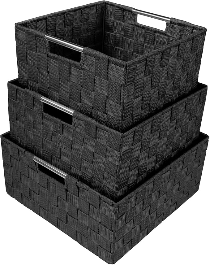Sorbus Storage Box Woven Basket Bin Container Tote Cube Organizer Set Stackable Storage Basket Woven Strap Shelf Organizer Built-In Carry Handles (Black)