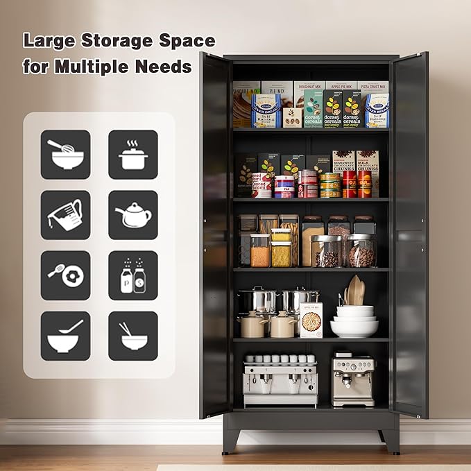 71" Tall Metal Pantry Cabinet, Kitchen Storage Cabinet with 2 Doors and 4 Adjustable Shelves for Kitchen, Living Room, Dining Room, Bathroom and Home, Office (Black, 71" H)