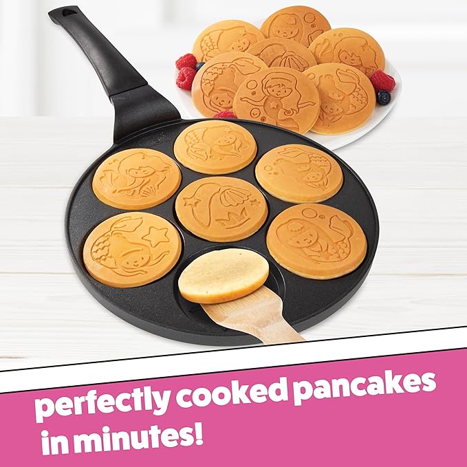 Mermaid Mini Pancake Pan - Make 7 Different Flapjack Mermaids, Nonstick Pan Cake Maker Griddle w Long Handle for Under the Sea Fun & Easy Cleanup, Unique Gift for Girls- Great for Breakfast or Brunch