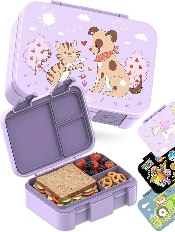 BEARFOOT Kids Lunch Box with Compartments – Compact & Lightweight | Leak-Proof, BPA-Free, Dishwasher & Microwave Safe | Hand-Drawn Design for Preschool, School, Travel (Dog & Cat Purple, 2.75 Cups)