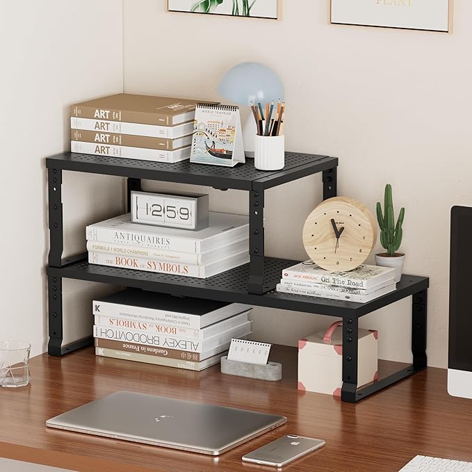 Metal Stackable Expandable Storage Shelf - Multi-Functional Home Storage Shelf, Suitable for Kitchen, Cabinet，Bathroom, Office, Garage, etc.（2PACKS/Black/Large