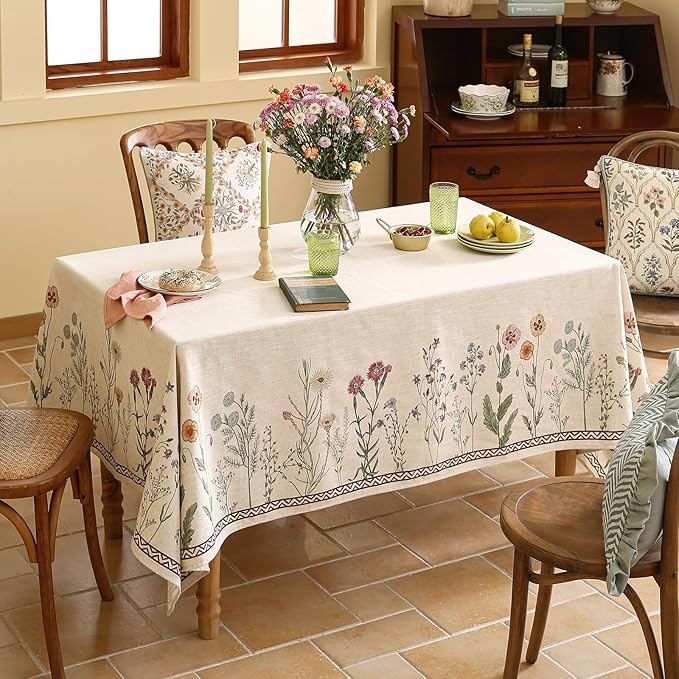 ISAENNE Designer Off White Linen Rectangular Tablecloth,Floral Elegant Table Cloth,Stain Resistant Vintage Decor Tablecloths for Dining Thanksgiving Kitchen Christmas,55"*87"-Serenity G