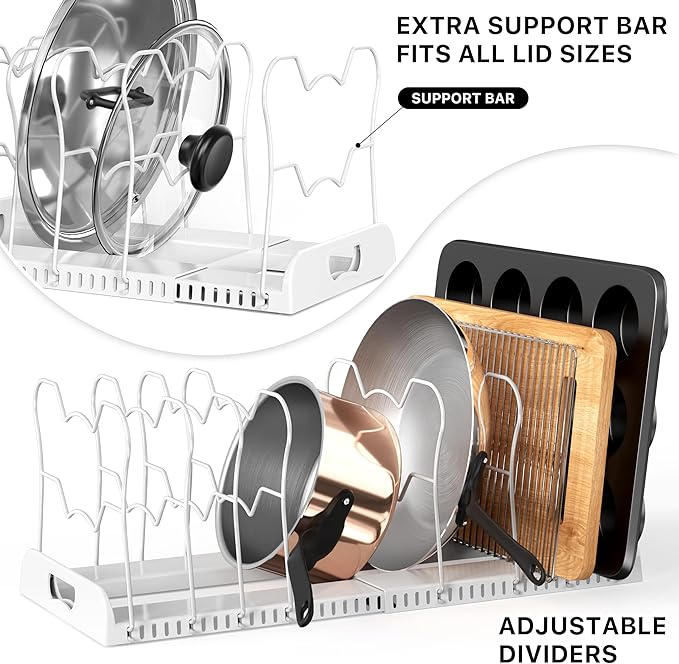 SIMPLE HOUSEWARE Expandable Pan Organizer Rack, 10 Adjustable Compartments, White - Kitchen Cabinet Organizer for Pots, Pans, Lids & Bakeware - Pantry & Countertop Storage