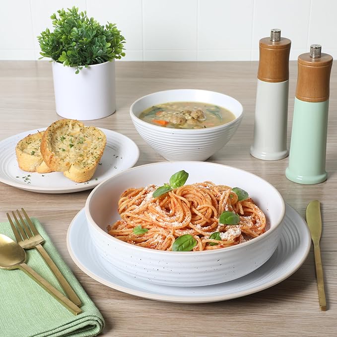 Gibson Home Dinah 16-Piece Matte White Stoneware Dinnerware Set – Double Bowl, Embossed Speckled Design, Durable Kitchen Dinnerware