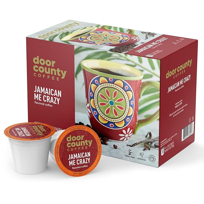 Door County Coffee Jamaican Me Crazy® - Medium Roast Rum & Vanilla Flavored Ground Coffee - Single Serve Cups