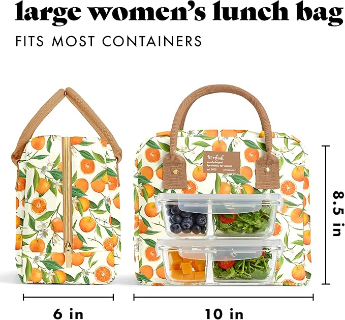 Fit & Fresh Bloomington Lunch Bag for Women - Insulated Large Lunch Box for Work with Containers, Leak-Resistant, Stain-Resistant, Zipper Closure, Orange Blossoms