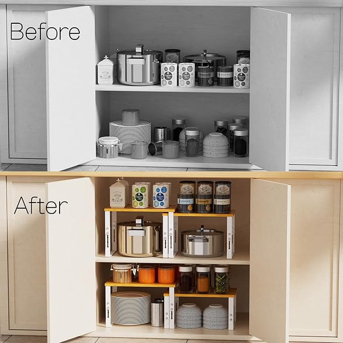 Adjustable Storage Shelves for Kitchen Cabinet Organization - Set of 2 Stackable Metal & Solid Wood Racks, Space-Saving Design for Countertop/Pantry/Garage, Easy Assembly(2 Packs/Large/White)