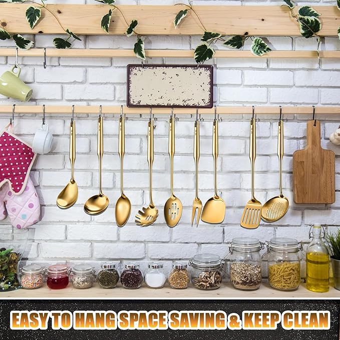 9 Pcs 304 Stainless Steel Utensils Set with Wood Handle Metal Cooking Tool Spatula, Solid Spoon, Slotted Spoon, Fork, Ladle, Skimmer, Slotted Spatula Spaghetti(Gold,Stainless Steel)