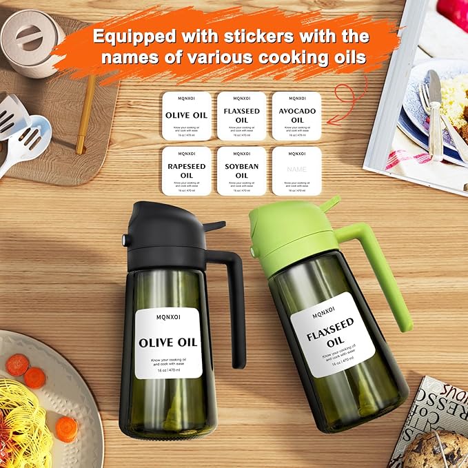 Oil Sprayer for Cooking, 2 in 1 Olive Oil Dispenser Bottle for Kitchen, 16oz/470ml Premium Glass, Food-grade Oil Mister for Air Fryer, Salad, Frying, BBQ (Green + Dark Green Bottle)