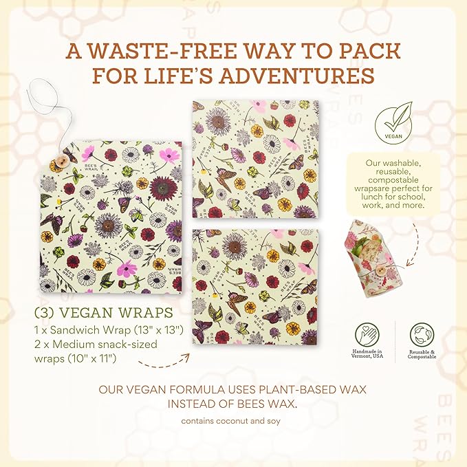 Bee's Wrap Vegan Beeswax Wraps for Food - Vegan Meadow Magic 3 Pack (2M 1 Sandwich) Made in USA Reusable & Organic Food Wraps, Sandwich Wrap - Eco-Friendly Alternative to Aluminum Foil & Plastic Wrap
