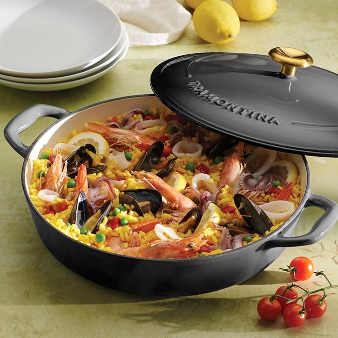 Tramontina Bestow Enameled Cast Iron Braiser Pan with Lid, 4-quart, Smoke with Gold Knob
