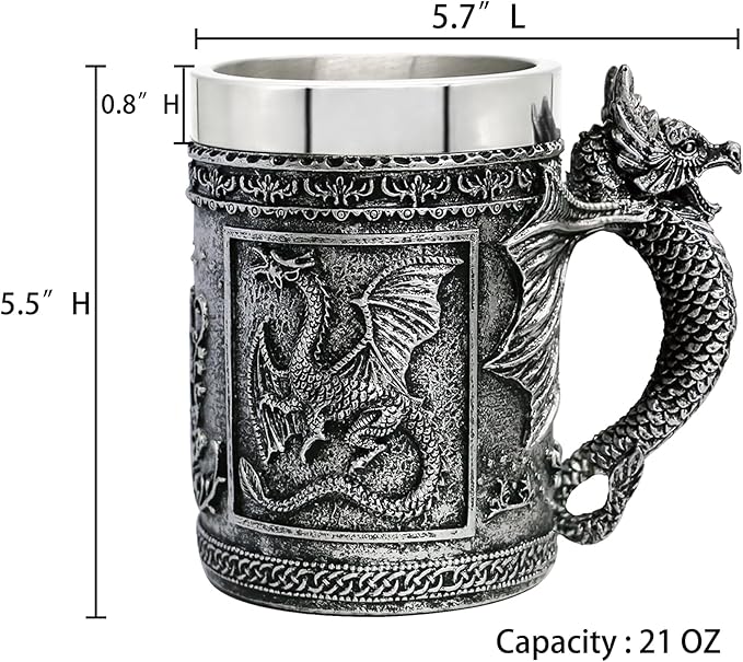 alikiki Dungeons and Dragons Coffee Mug Large - GOT D&D Gaming Beer Mugs Gifts for Men - 21oz Stainless Steel Drinking Tankard Coffee Cup Dragon Gift for Lovers Collector Party Decoration