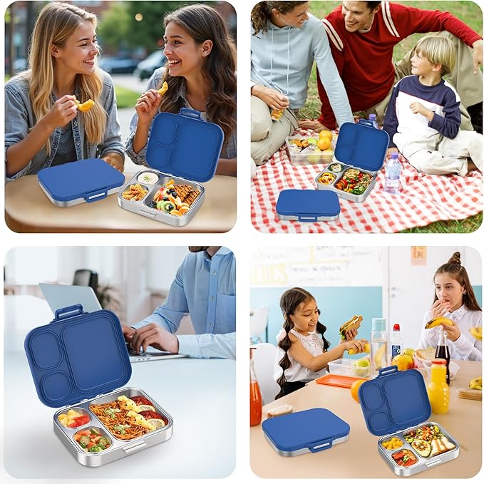 Stainless Steel Bento Lunch Box for Kids | 3-Compartment Lunch Box Container Kids | 100% Leakproof, Eco-Friendly, Perfect Portion Control for Kids&Adult Healthy Meals (Blue)