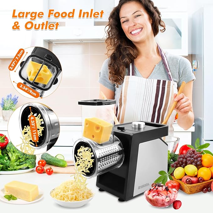 7 in 1 Electric Cheese Grater Ice Shaver with 7 Blades Stainless Steel Multifunctional Vegetable Shredder 250W BPA-Free 110V