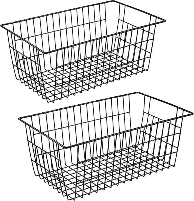 iPEGTOP Wire Freezer Stroage Baskets, 13.4 inch Set of 2 Farmhouse Storage Bins Basket Freezer Storage Organizer Bins with Handles for Kitchen Cabinets, Pantry, Closets, Bedrooms, Bathrooms- Black