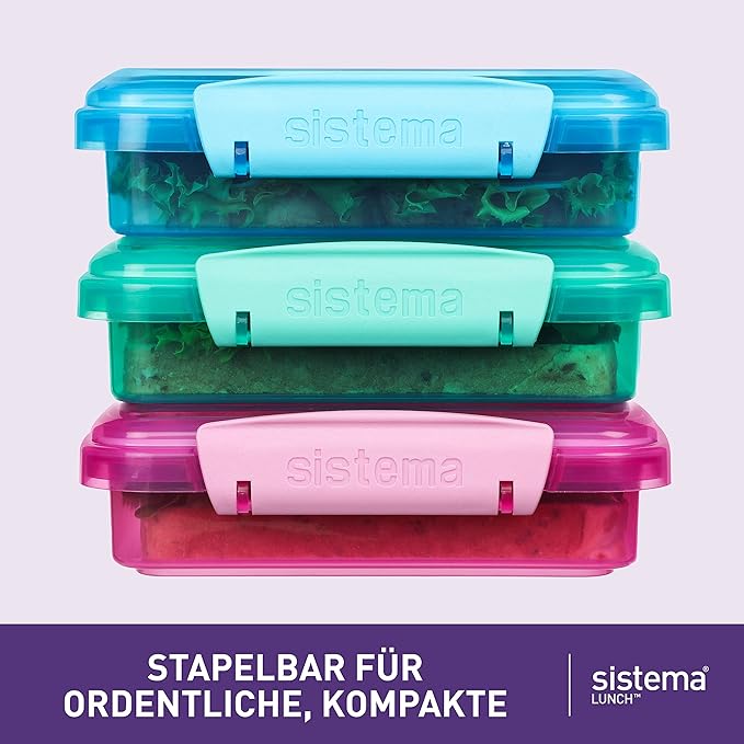 Sistema 3-Piece Sandwhich Containers for Lunch Boxes and Meal Prep, Dishwasher Safe, 1.9-Cup, Blue/Green/Pink