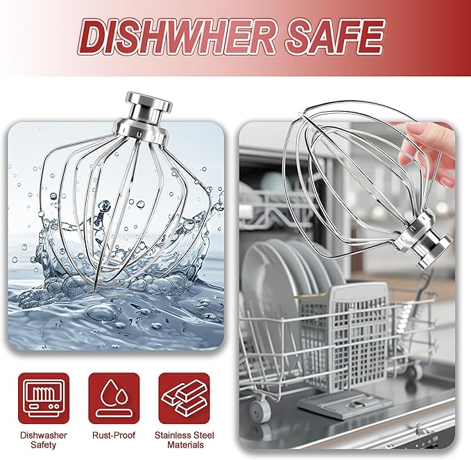 Dishwasher Safe 6 Wire Whisk,Upgrade Real Stainless Steel 6 Wire Whip Attachment for Kitchen aid Mixer,Replace K45WW Whisk Fits Kitchen aid 4.5-5 QT Tilt-Head Stand Mixer,Fast Whipping,No Aluminum
