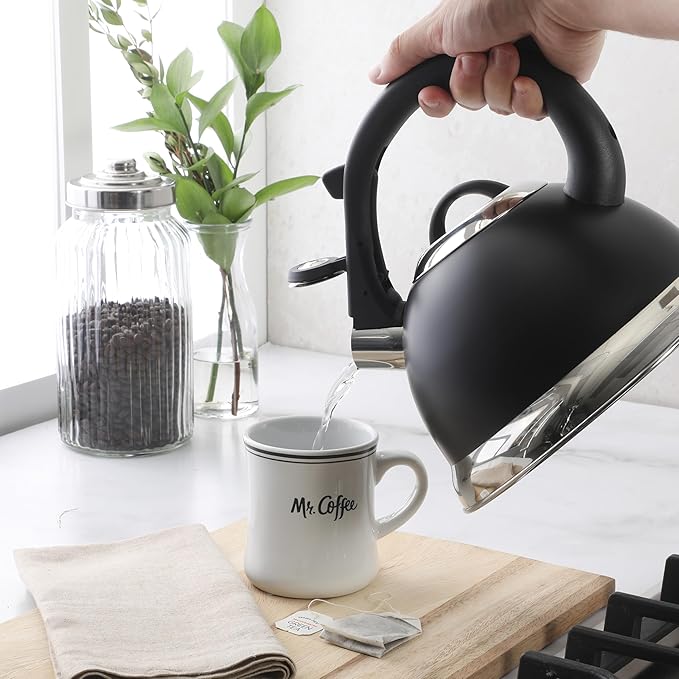 Mr. Coffee Clarefield 2.4 Qt Whistling Tea Kettle – Matte Black Stovetop Water Kettle with Lid, Heat-Resistant Nylon Handle and Knob, Stainless Steel Trim