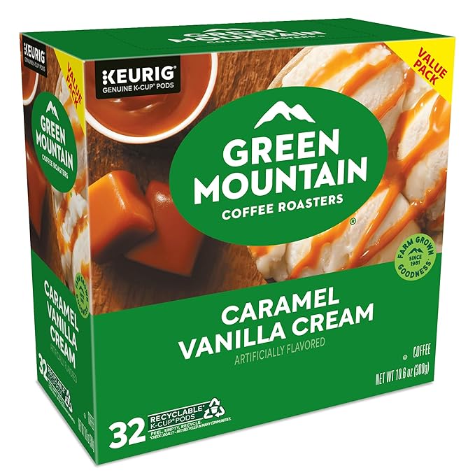 Green Mountain Coffee Roasters Caramel Vanilla Cream, Single-Serve Keurig K-Cup Pods, Flavored Light Roast Coffee Pods, 32 Count