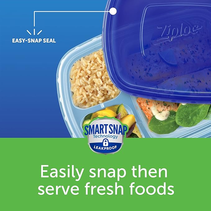Ziploc Food Storage Meal Prep Containers Reusable for Kitchen Organization, Smart Snap Technology, Dishwasher Safe, Divided Rectangle, 2 Count