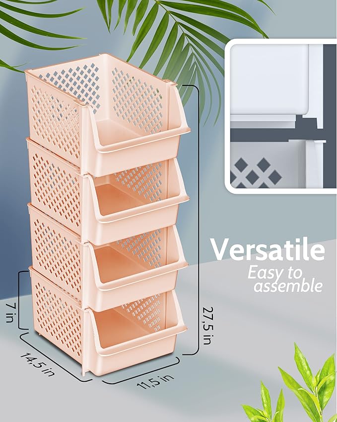 TidyFriend Stackable Storage Bins for Closet Organizers and Storage 4 Pack, Plastic Storage Drawers, Stackable Storage Drawers (Cream)