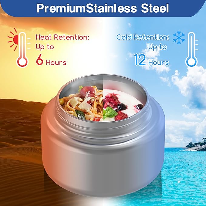 Bento Box for Kids - Leak-Proof Bento Lunch Box with Insulated Thermos Food Jar - 4 Compartments, 1 Removable Divider, 1Spoon, 1 Fork - Dishwasher Safe, BPA-Free (Blue)