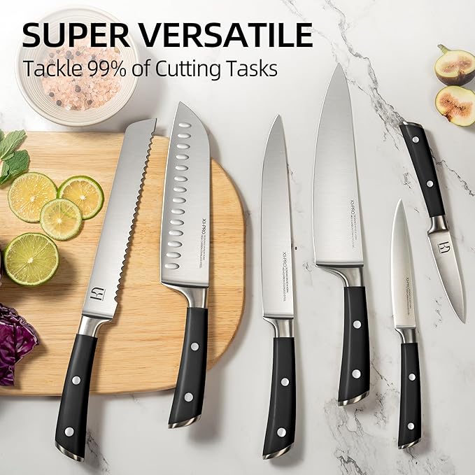 Knife Set, 15 Pcs Kitchen Knife Block Sets with Sharpener, Japanese High Carbon Stainless Steel Set of Knives, Premium Razor Sharp Black Knives Set with Block for Kitchen, Ergonomic Handle
