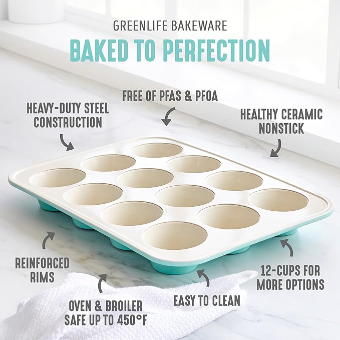 GreenLife 12-Cup Muffin Pan, PFAS-Free Healthy Nonstick Baking Tray, 11.4" x 1.9" x 15.9", Durable Ceramic Bakeware, Cupcakes, Egg Bites, Tarts, Brownies, Turquoise