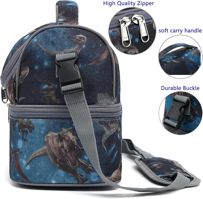 FlowFly Double Decker Cooler Insulated Lunch Bag Large Tote for Boys, Girls, Men, Women, With Adjustable Strap, MyDinosaur