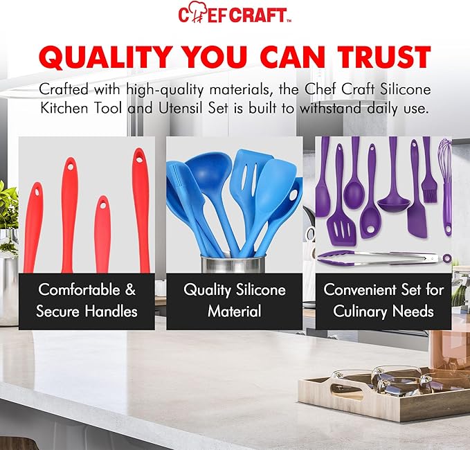 Chef Craft - Premium Silicone Kitchen Tools and Utensils Set, Non-Scratch, Withstands Temperatures up to 450°F, BPA-Free, 9 Piece Cooking Utensils Set, Pastel Blue