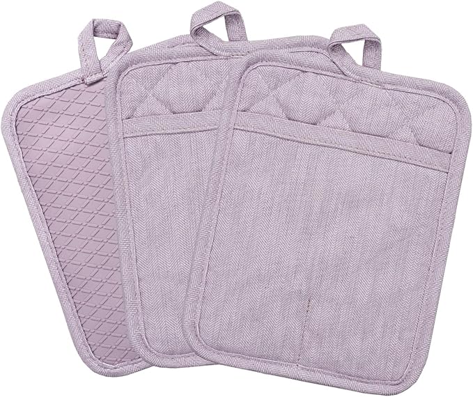 Pot Holders Yarn-Dyed Set of 3 Non Slip Silicone Kitchen Lines Heat Resistant 500℉ Kitchen Gloves BBQ Cooking Baking Cooking Barbecue Microwave Machine Washable (Purple Pot Holders)