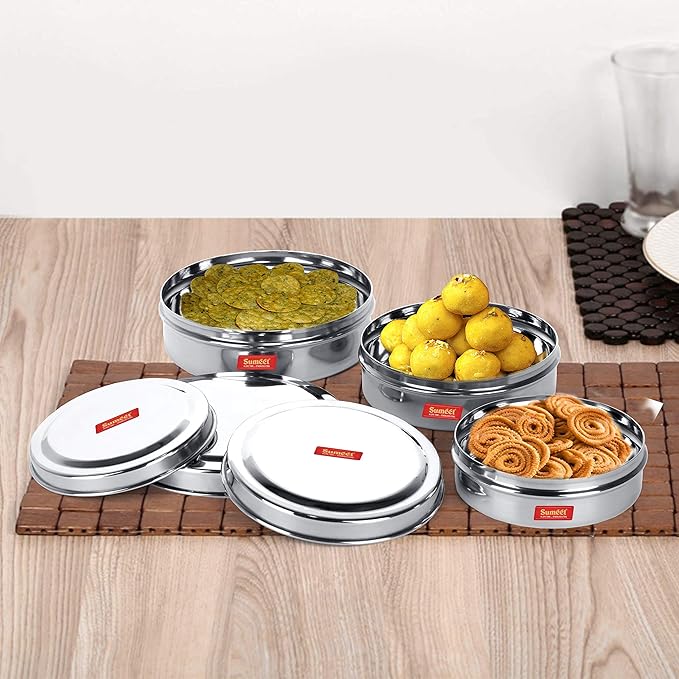 Sumeet Stainless Steel Chocolate Flat Slim N Sleek Canisters/Puri Dabba/Storage Containers Set of 3Pcs Med. Set (No.7-300ML, No.8-480ML, No.9-600ML)