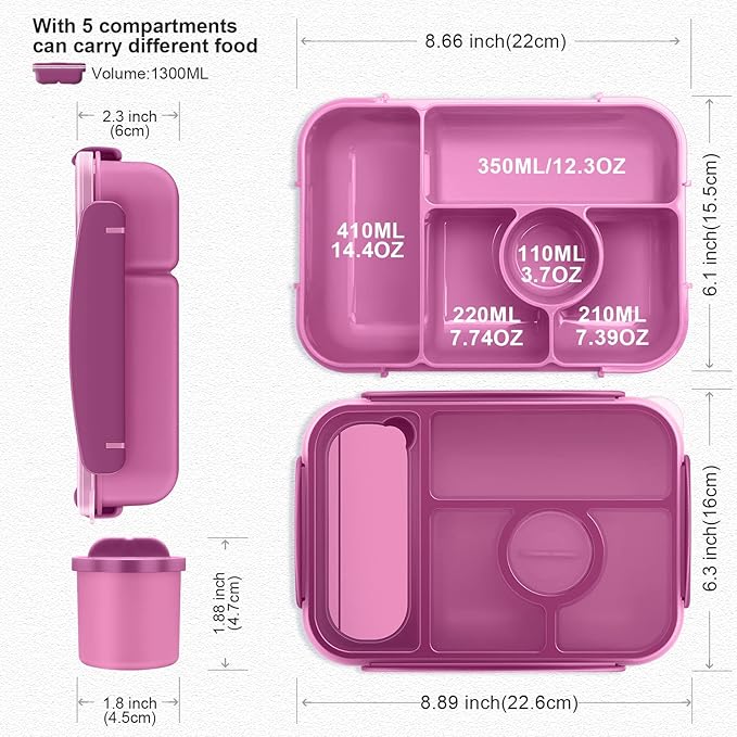 Bento Box Adult Lunch Box Kids,Lunch Containers for Adults/Kids/Toddler,5 Compartments Bento Lunch Box with Sauce Vontainers,Microwave & Dishwasher & Freezer Safe,BPA-Free (Purple)