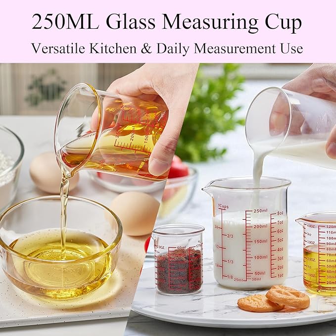 3 Piece Glass Measuring Cup Set, Includes 1/2-Cup, 1-Cup, and 2-Cup High Borosilicate Glasss Liquid Measuring Cups, Dishwasher, Freezer, Microwave, and Preheated Oven Safe, Essential Kitchen Tools