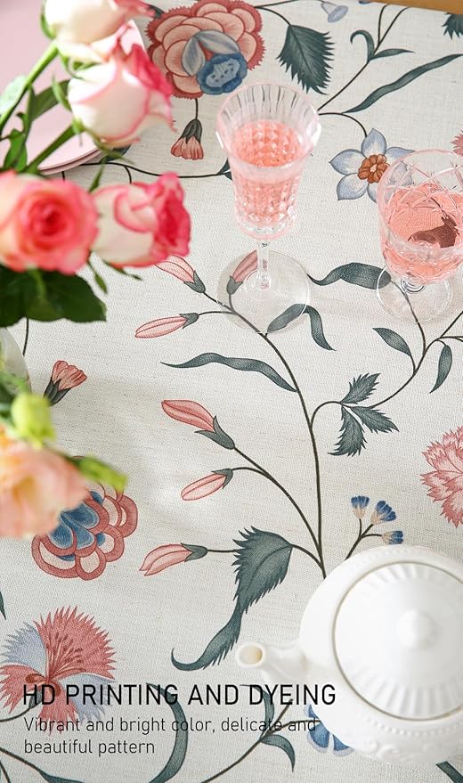 ISAENNE Designer Chinoiserie Linen Floral Rectangular Tablecloth,White Wrinkle Resistant Table Cloth,Elegant Decor Tablecloths for Dining Thanksgiving Kitchen Party Christmas,55"*87"-Daffy