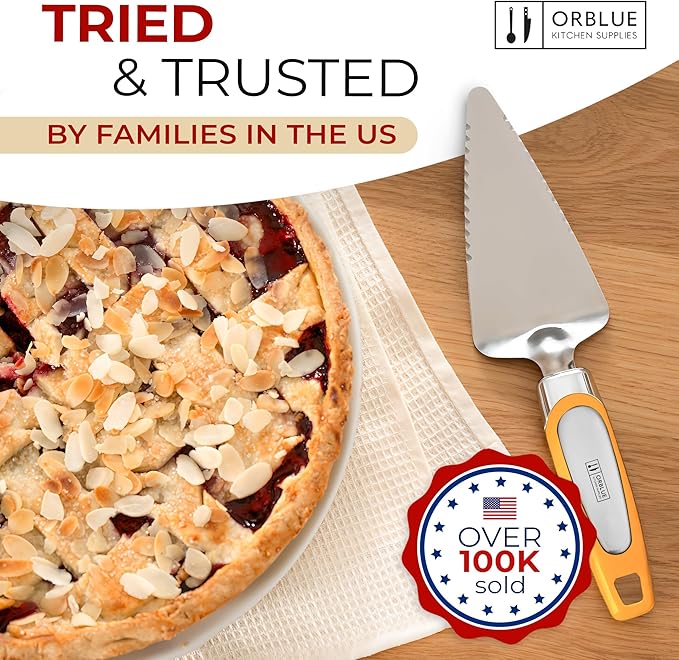 Orblue Pie Server, Essential Kitchen Tool, Serrated on Both Sides, Great for Right or Left Handed Chef, Stainless Steel Flatware, Cake Cutter, Orange
