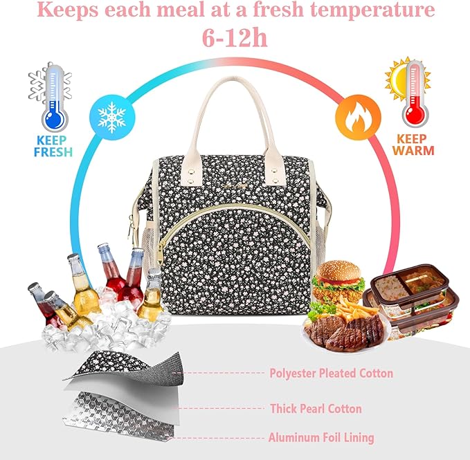 LOKASS Insulated Lunch Bag Women- Reusable 10 L Lunch Box for Women - Leakproof Tote Cooler Bag for Adults Work, Beach, Travel, Picnic （Black Small Florals）