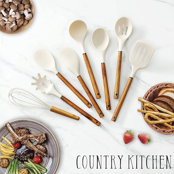 Country Kitchen Non Stick Silicone Utensil Set with Rounded Wood Handles for Cooking and Baking, 8 Piece Set, Khaki