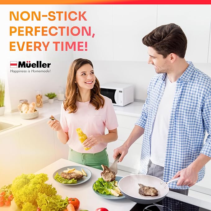 Mueller Frying Pan, Heavy Duty German Stone Coating Non Stick Frying Pans, No PFOA or APEO, Paella Pan, Dishwasher and Oven Safe, Even Heat Distribution, Cool Stainless Steel Handle, Light Grey