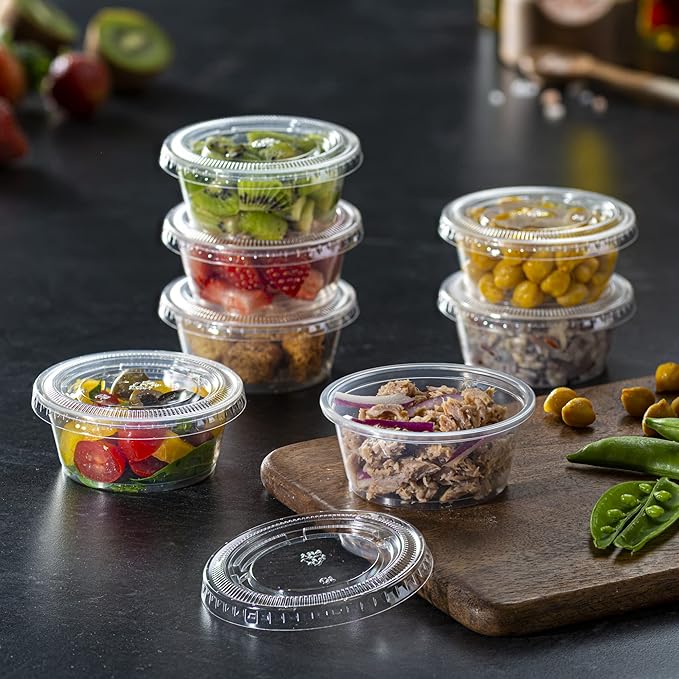 Pantry Value [3.25 oz. - 200 Count Clear Disposable Plastic Portion Cups with Lids - Small Plastic Condiment Containers for Sauce, Salad Dressings & Portion Control