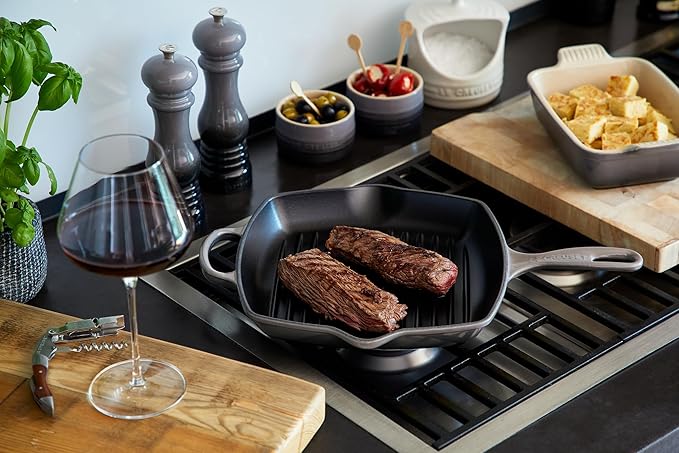Le Creuset Enameled Cast Iron Signature Square Skillet Grill, 10.25", Oyster