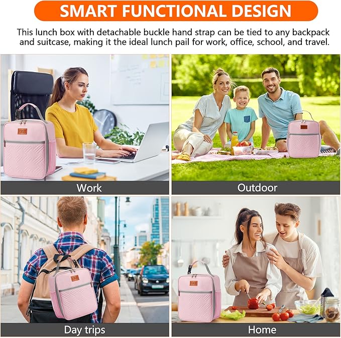 Lunch Bag for Women Insulated Lunch Bag For Men Adults Small Lunch Bag for Office Work - Leakproof Freezable Cooler Bag Reusable Portable Lunch Box (Pink)