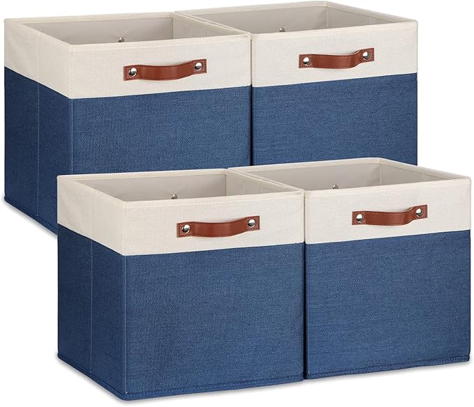 Temary Fabric Storage Bins for Cube Organizer 4 Pack Cube Storage Bins 13 Storage Cubes for Shelves Storage Baskets for Organizing Books, Clothes, Towels (White & Blue, 13x13x13 Inch)