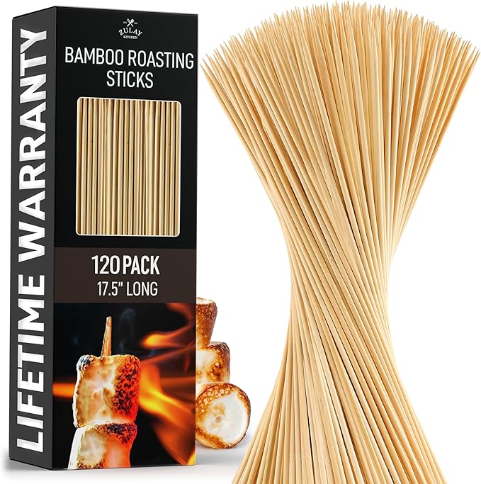 Zulay Kitchen 120 Pack Bamboo Wooden Skewers - 17.5" Marshmallow Roasting Sticks & Barbeque Skewers For Campfire - Authentic Bamboo Sticks & Smores Sticks For Grilling Hotdogs, Kabobs, BBQ, & More