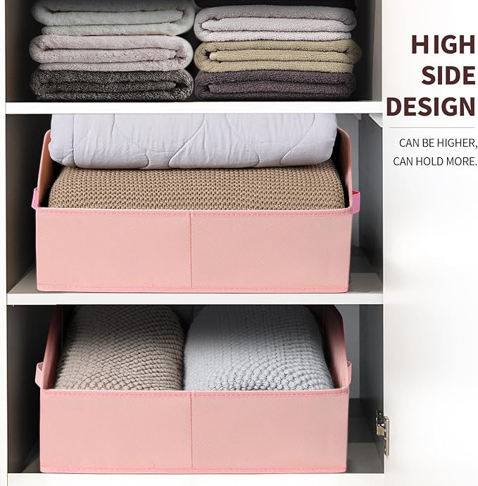 Closet Baskets for Shelves Trapezoid - Decorative Storage Baskets with Handle, Closet Bins for Organization, Shelf Storage Bins for Clothes, Books, Home, Office, 10 Pack, Pink
