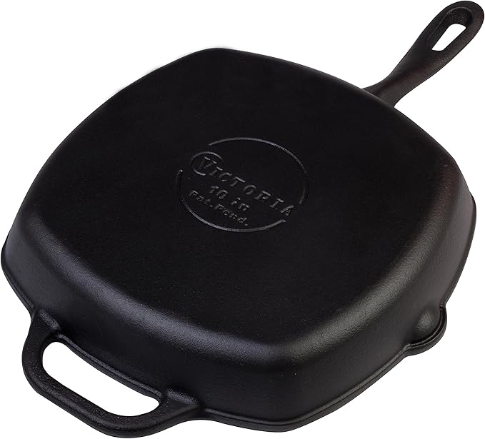 Victoria Cast Iron Grill Pan, Square Grill Pan, Cast Iron Griddle Pan, Seasoned with 100% Kosher-Certified, Non-GMO Flaxseed Oil, Black, 10 Inches