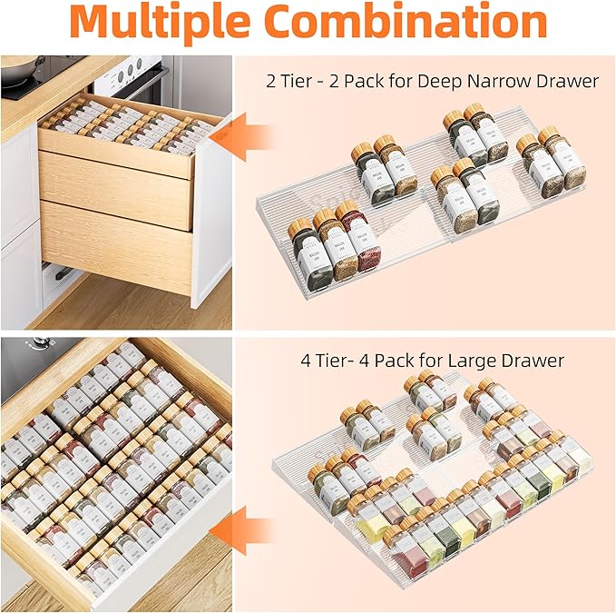Spice Drawer Organizer, 2 Tier- 2 Pack Clear Acrylic Drawer Seasoning Organizer, Expandable From 11'' to 22'' Kitchen Spice Rack Organizers and Storage for Drawer (Jars not included)